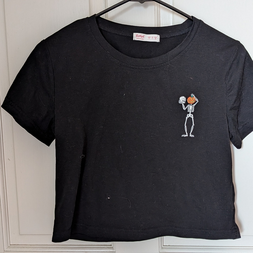 Black Halloween Crop Top with Skeleton Print